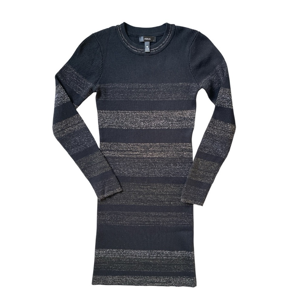 AQUA Metallic Stripe Rib Knit Sweater Dress Fitted Size S - Picture 2 of 4